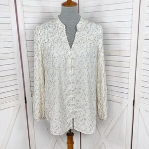 Soft Surroundings Mila Metallic‎ Clip Dot Button Up Blouse Ivory Gold Small